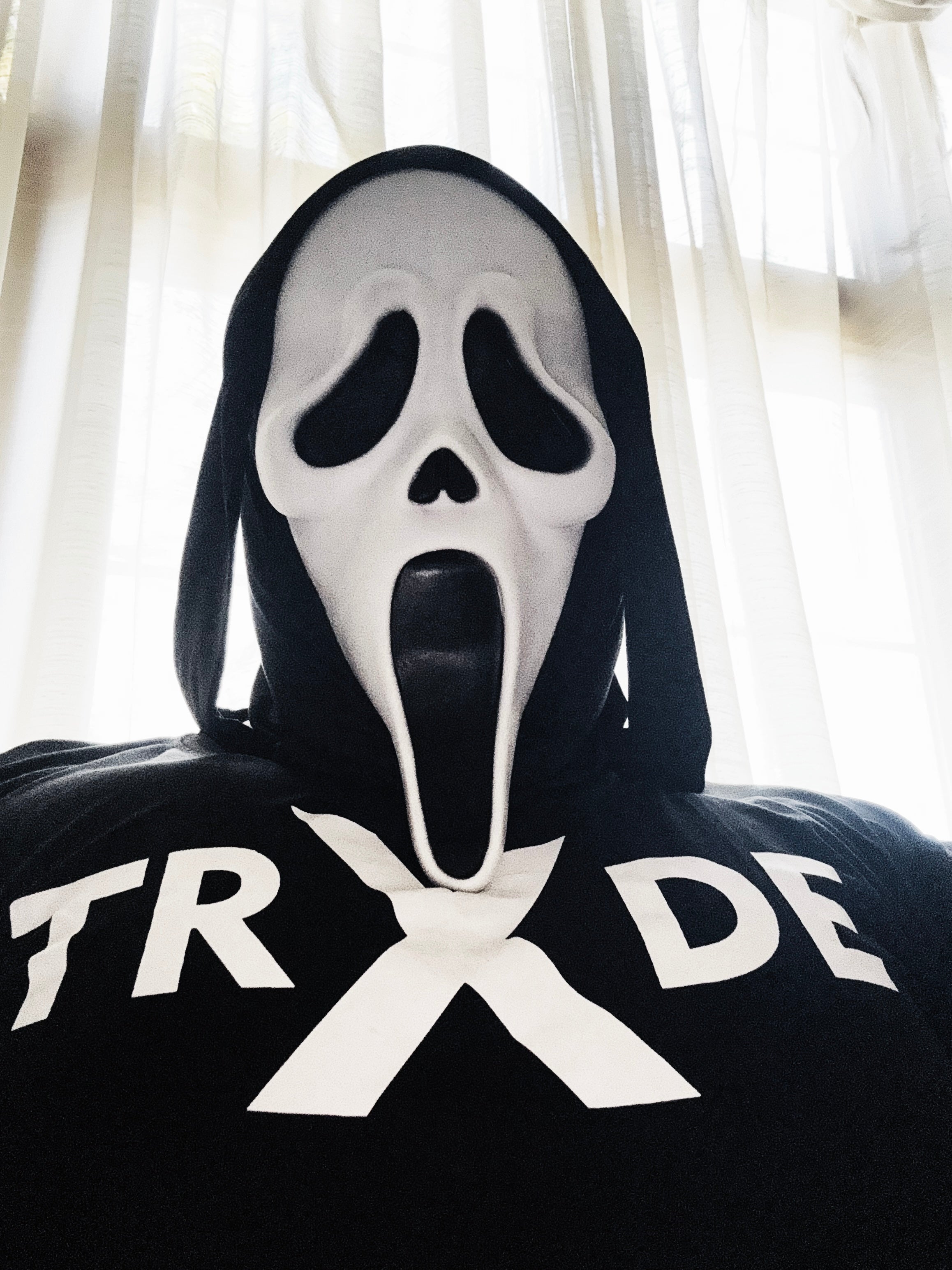 Person wearing a Scream mask with a black hoodie featuring 'TRX DE' text.