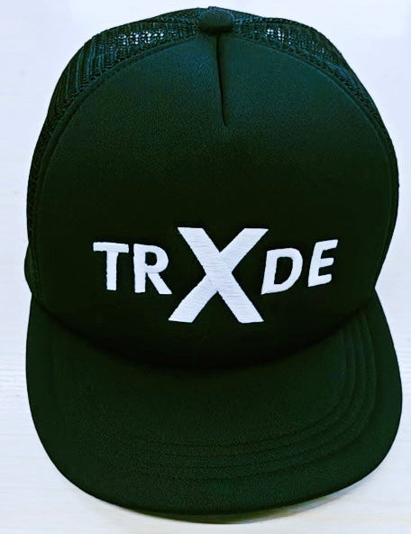 A dark forest green trucker hat with a white embroidered 'TRXDE' logo on the front, set against a plain white background.