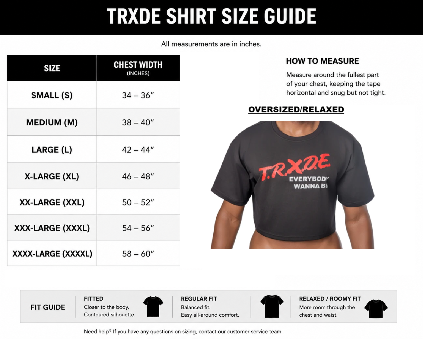 A size guide infographic for TRXDE brand t-shirts, featuring a size chart, instructions on how to measure, a model wearing a dark gray fitted t-shirt with a red and white graphic, and fit type icons at the bottom.