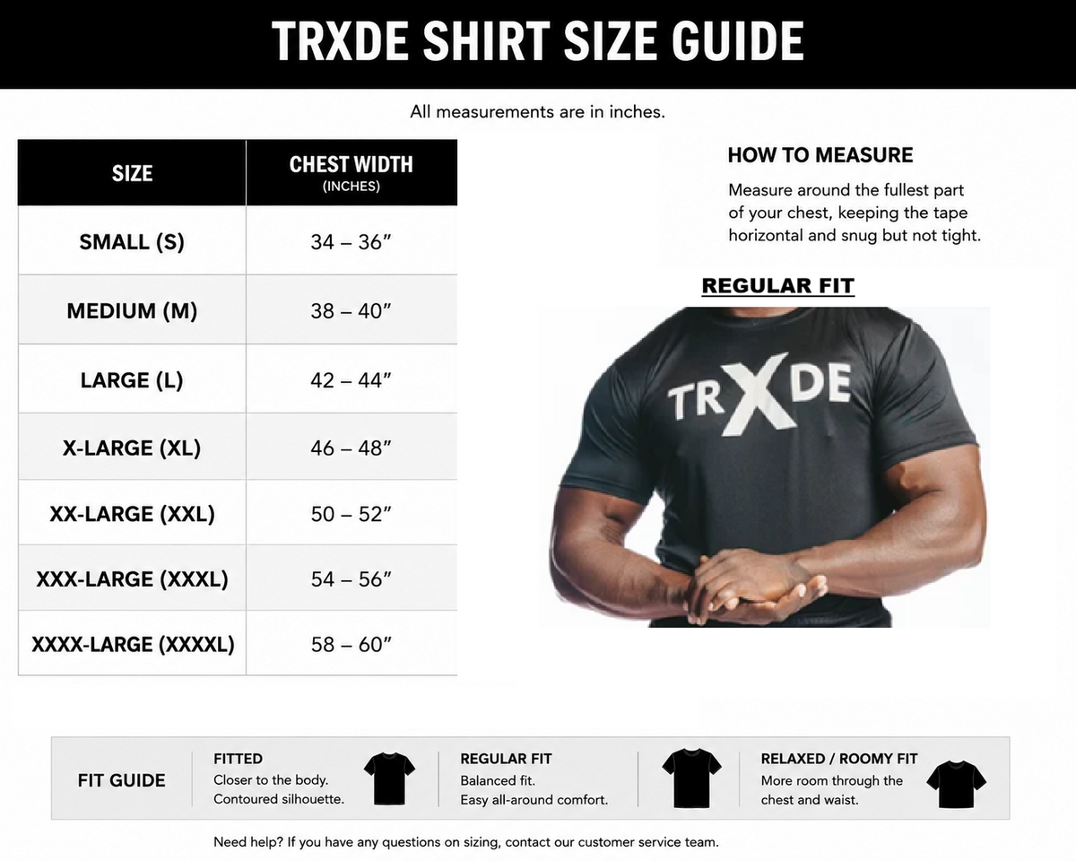 A size guide infographic for a TRXDE shirt, showing a size chart with chest width measurements in inches, a how-to-measure section, a photo of a man wearing the shirt, and a fit guide at the bottom.