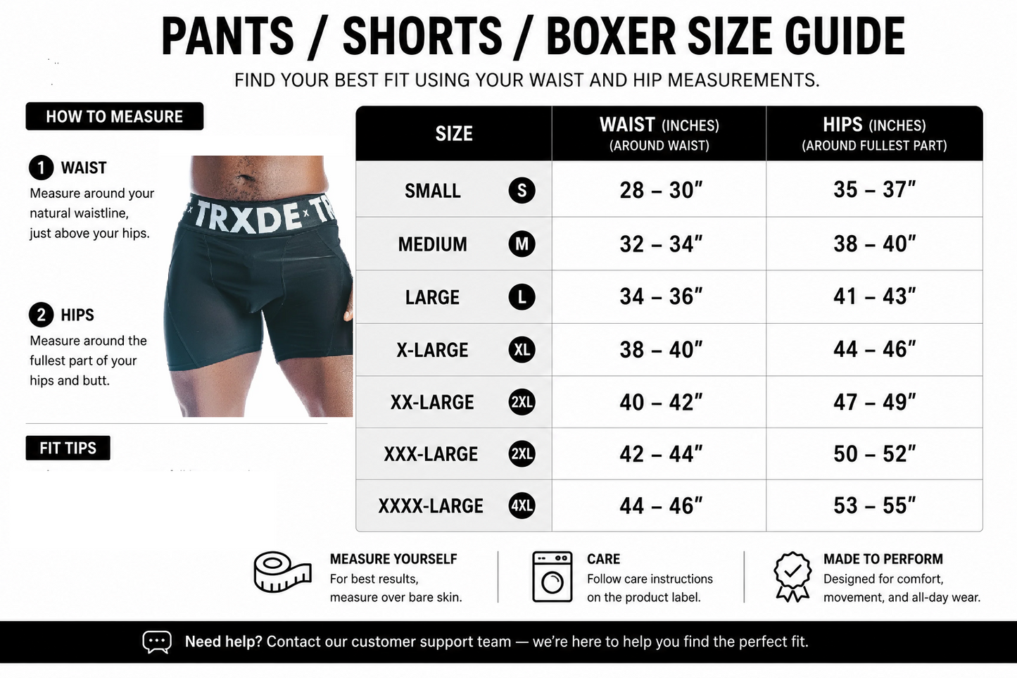 A pants, shorts, or boxer size guide infographic with a waist and hips measurement table, plus small instructional panels and a model wearing dark fitted boxer briefs on the left side.