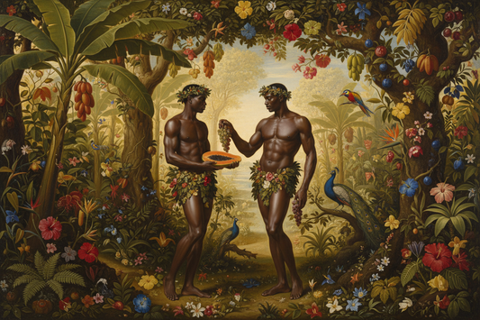 Two black men representing adam and eve