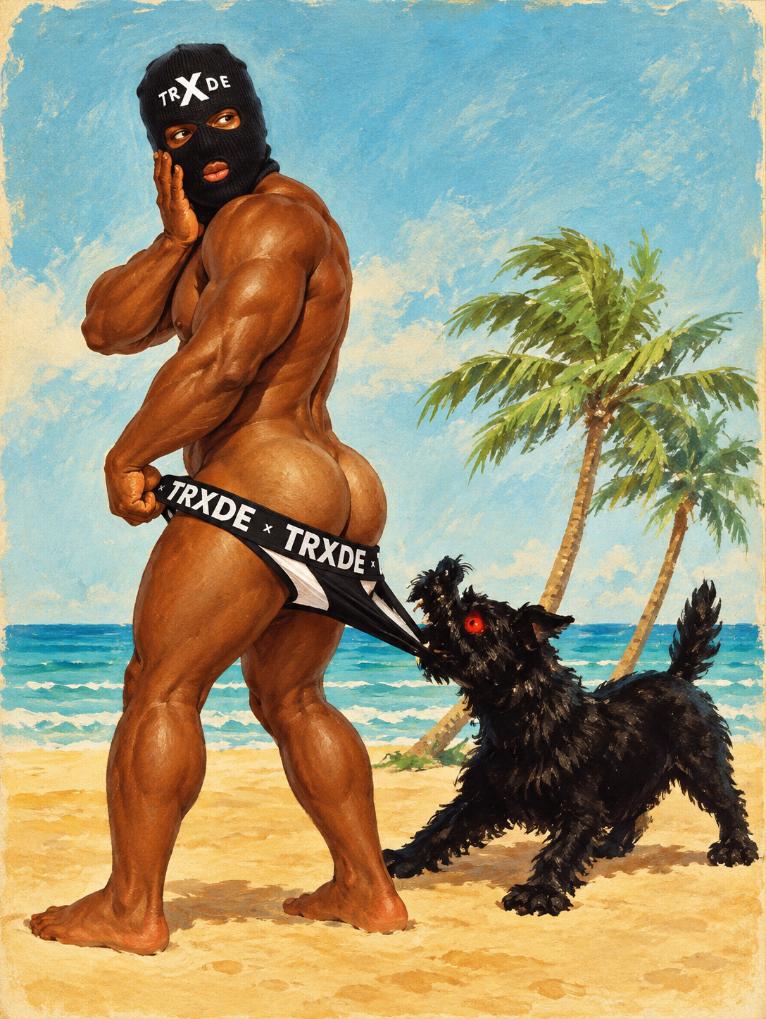A stylized beach scene artwork showing a muscular nude man wearing a black balaclava with white 'TXDE' text and matching black-and-white underwear, standing on sand and pulling a black dog with a TXDE leash. Palm trees and blue ocean are in the background.