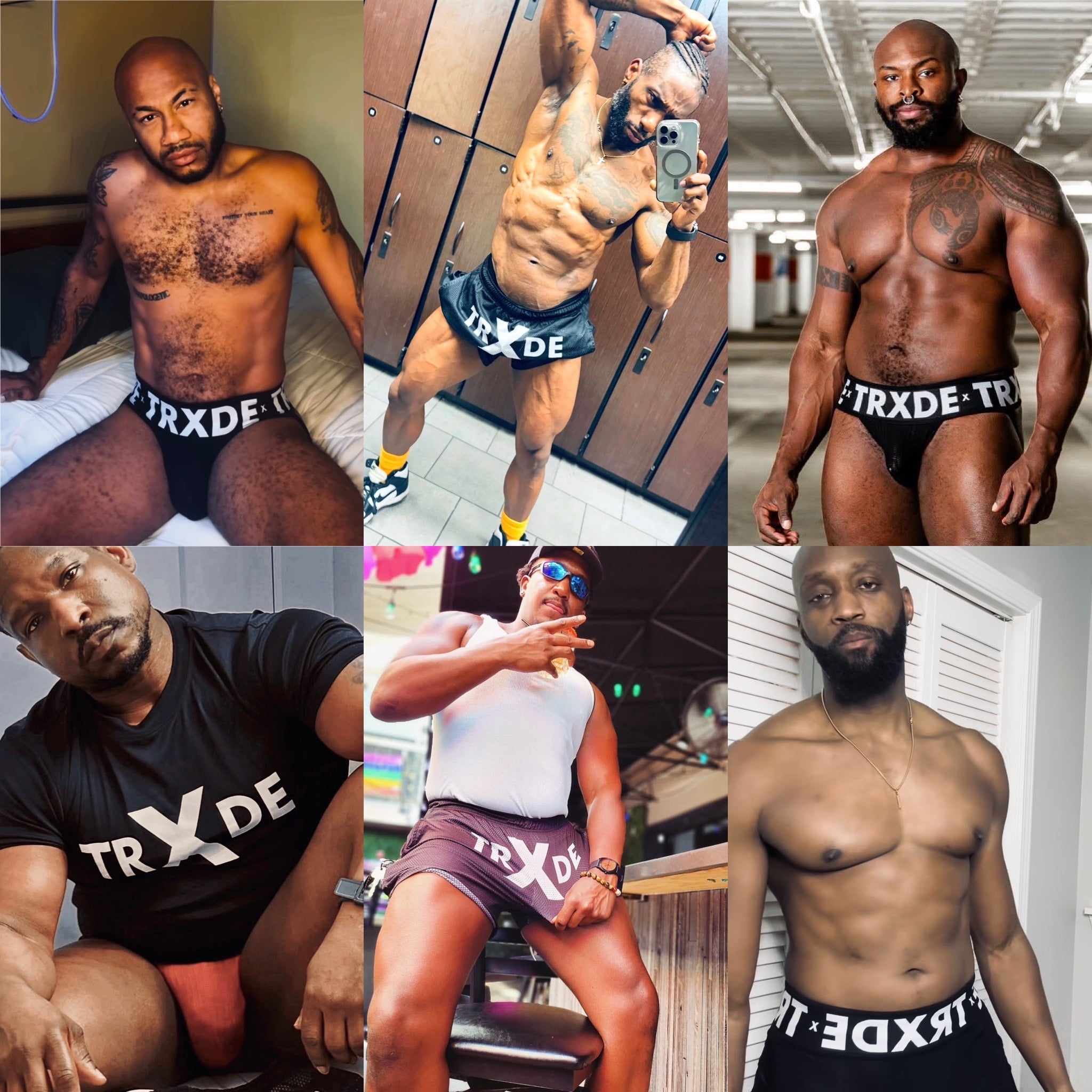 Collage of a man wearing TRXDE branded underwear and clothing in various settings.