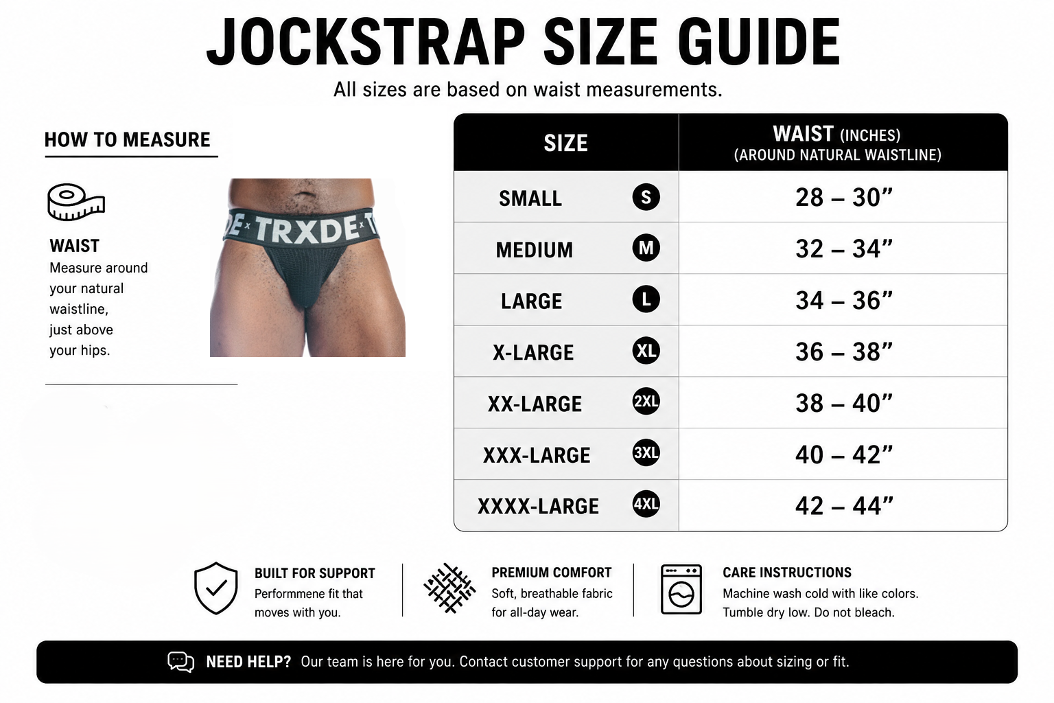 Jockstrap size guide chart with waist measurement instructions and a size table from Small to XXXX-Large in inches, plus a small inset photo of a model wearing the product.