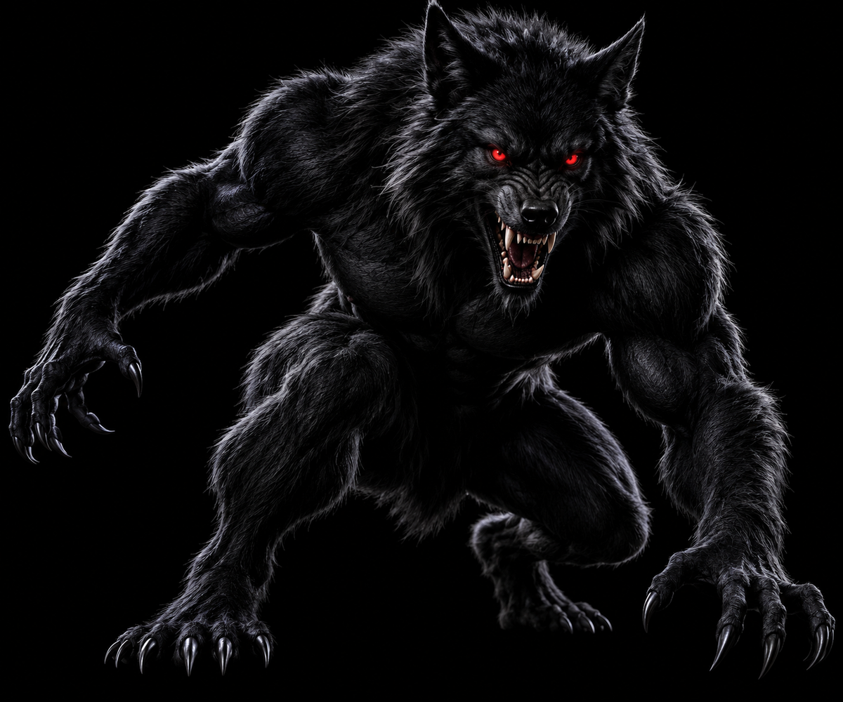 A black werewolf in a crouching, snarling pose against a solid black background, with glowing red eyes and sharp claws extended.