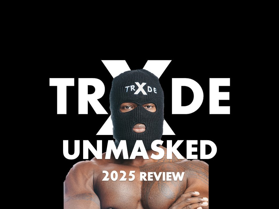Person wearing a black ski mask with 'TRXDE' logo, text 'UNMASKED 2025 REVIEW' on a black background