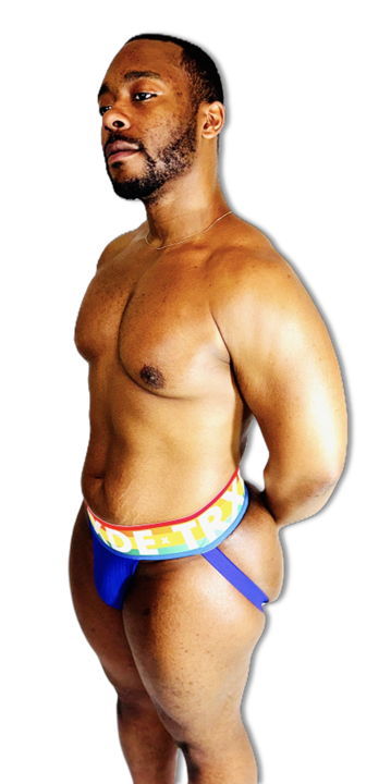 Man wearing colorful underwear on a white background