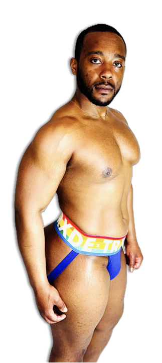 Man wearing colorful swim trunks on a white background