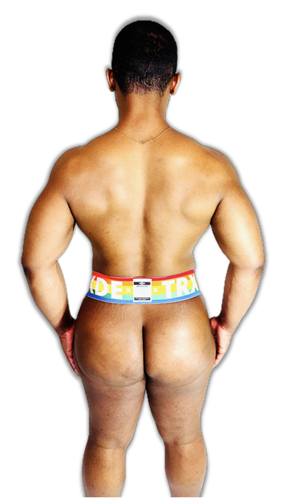 Person wearing colorful underwear on a white background
