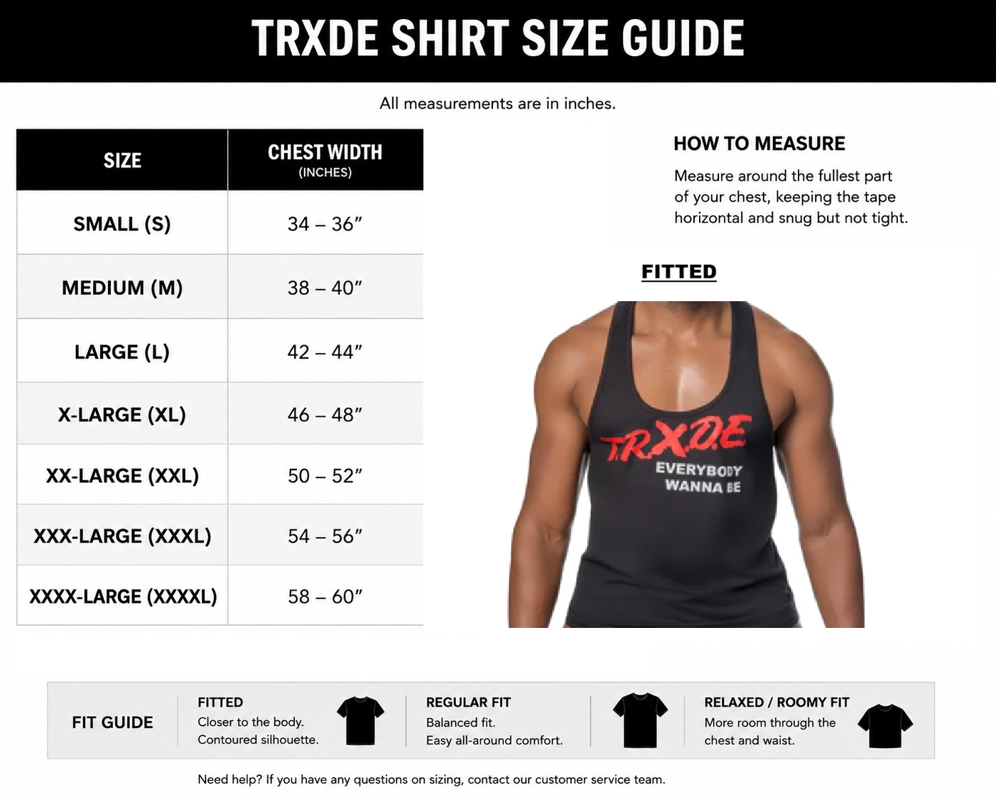 TRXDE shirt size guide infographic with a size chart, measurement instructions, and a fitted male model wearing a black tank top with red and white TRXDE branding.
