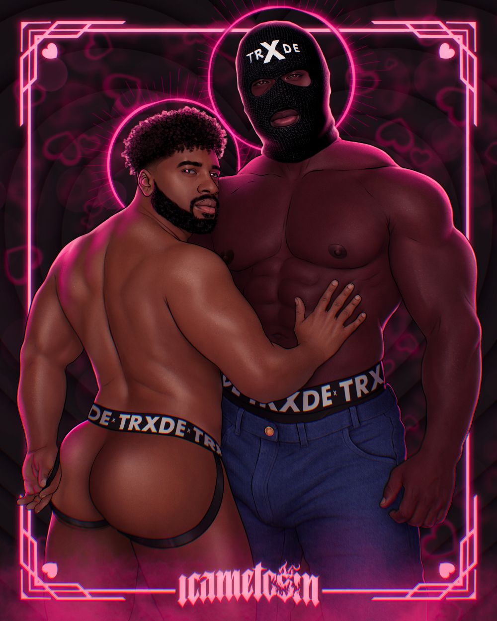 Two muscular individuals in a close embrace with a neon pink border and 'TRXD' branding.